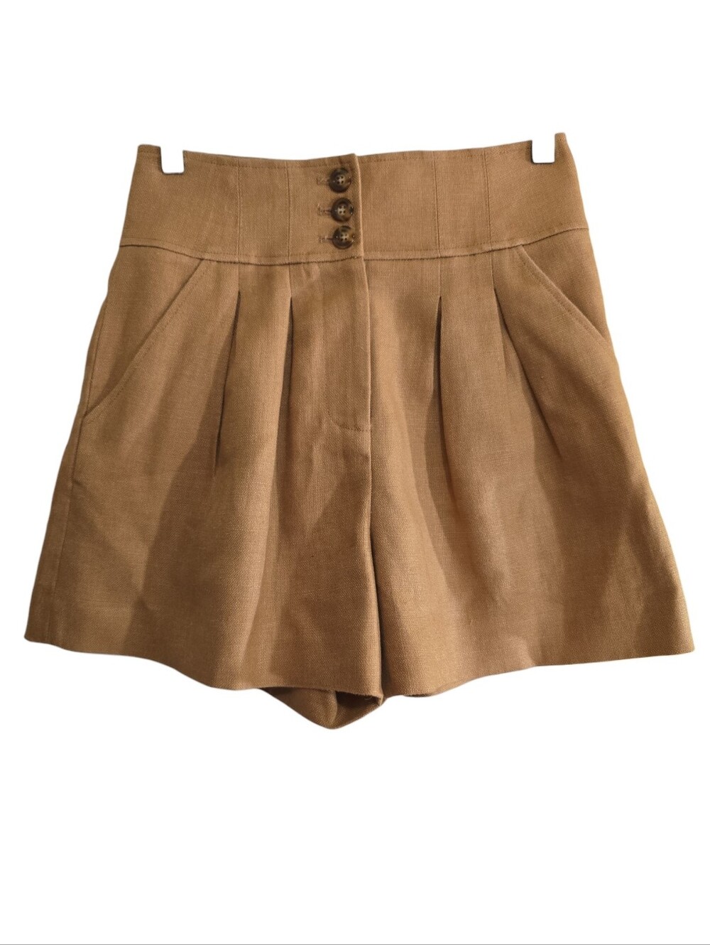 Veronica Beard Alicia Pleated Linen-canvas High-rise Shorts 2 Camel Color - Picture 3 of 8